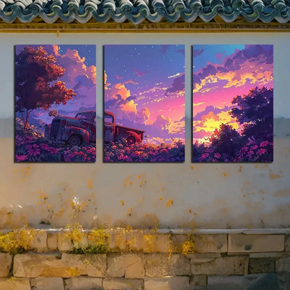 3pcs Vintage Truck & Floral Landscape Metal Print Ready to Hang Art - Bella Home Decor