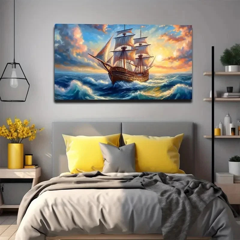 Vibrant Sunset Sailing Vessel Wall Art canvas office home room framed 120x60cm