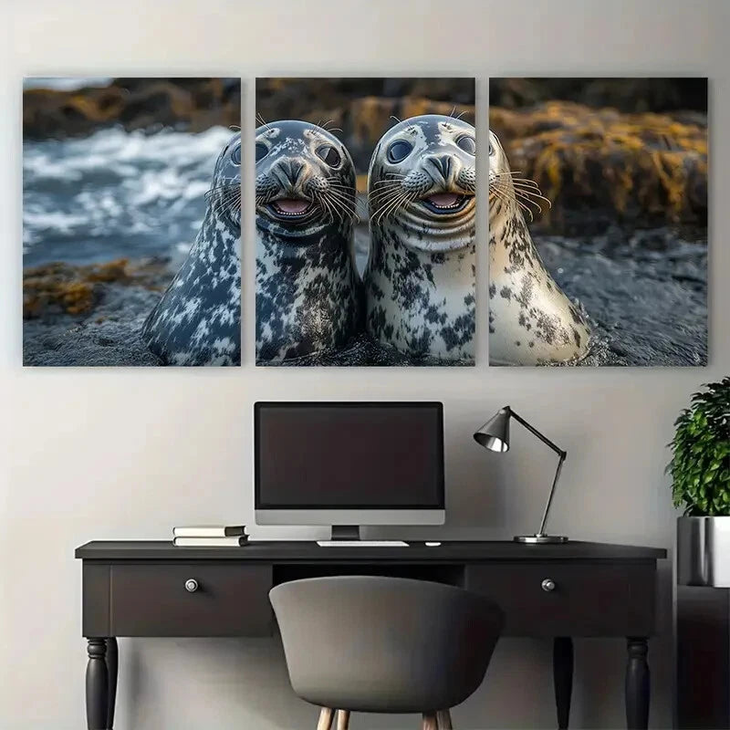 3pcs Two Friendly Seals Laughing Together Cute Metal Print Ready to Hang Art - Bella Home Decor