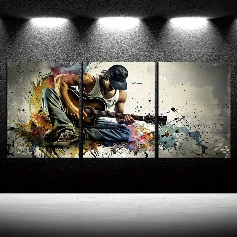 3pcs Guitarist with Color Splashes Metal Print Ready to Hang Art - Bella Home Decor
