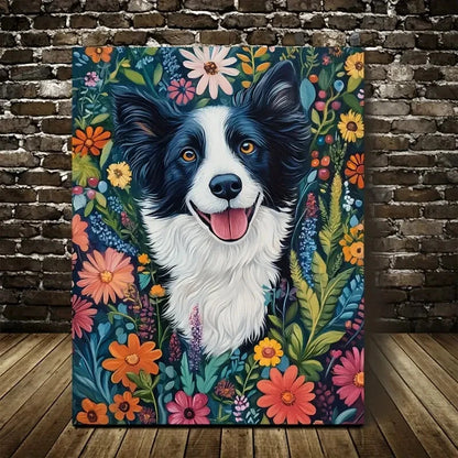 Vibrant Floral Border Collie Dog Painting  40x60cm Metal Print Ready to Hang - Bella Home Decor