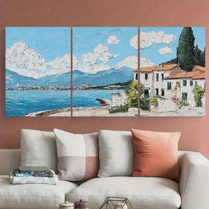 3pcs Impressionist of an Italian Seaside Villa Metal Print Ready to Hang Art