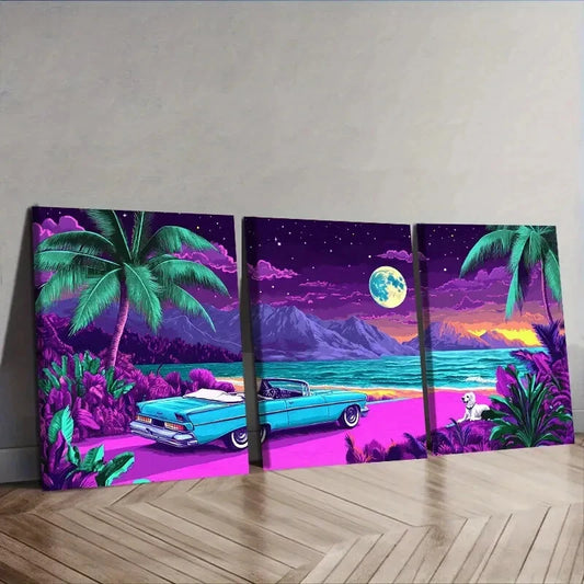 3pcs Vibrant Tropical Miami Beach Wall Art Set Canvas Framed 40x60cm - High Quality Print 100% Australian Made Wall Canvas Ready to Hang