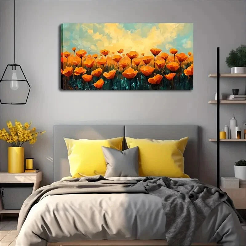 Orange Flowers on Turquoise Wall Art Canvas Office Home Room Framed 120x60cm - Bella Home Decor