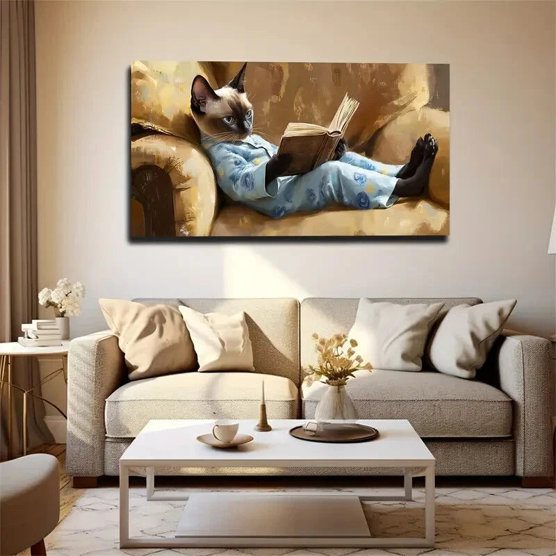 Siam Cat Pajamas Reading Book Wall Art Canvas Office Home Room Framed 120x60cm - Bella Home Decor