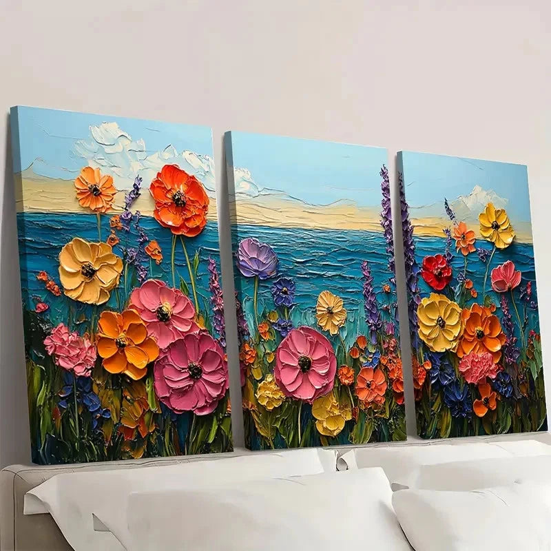3pcs  Seascape Painting Flower Meadow  FM    Wall Art Set Canvas Framed 50x70cm - High Quality Print 100% Australian Made Wall Canvas Ready to Hang - Bella Home Decor