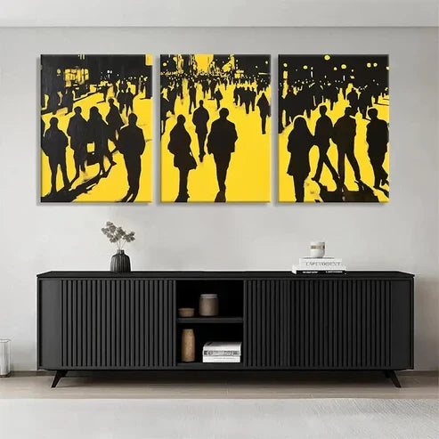 3pcs Yellow Black City Crowd Silhouette Perfect Wall Art Set Canvas Unframed - High Quality Print 100% Australian Made Wall Canvas
