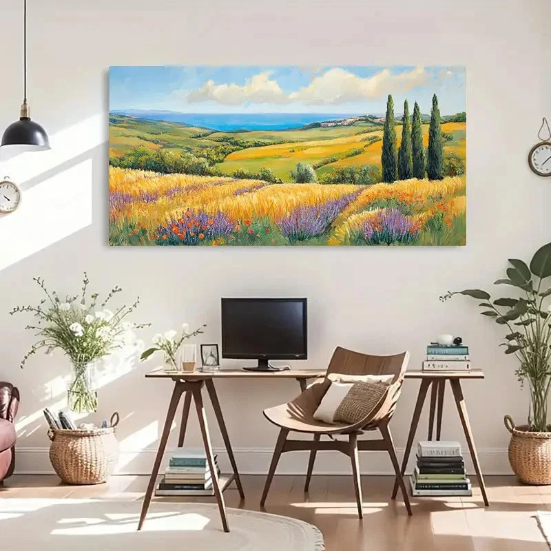 Purple Flowers & Tree Sea View Wall Art Canvas Office Home Room Framed 120x60cm