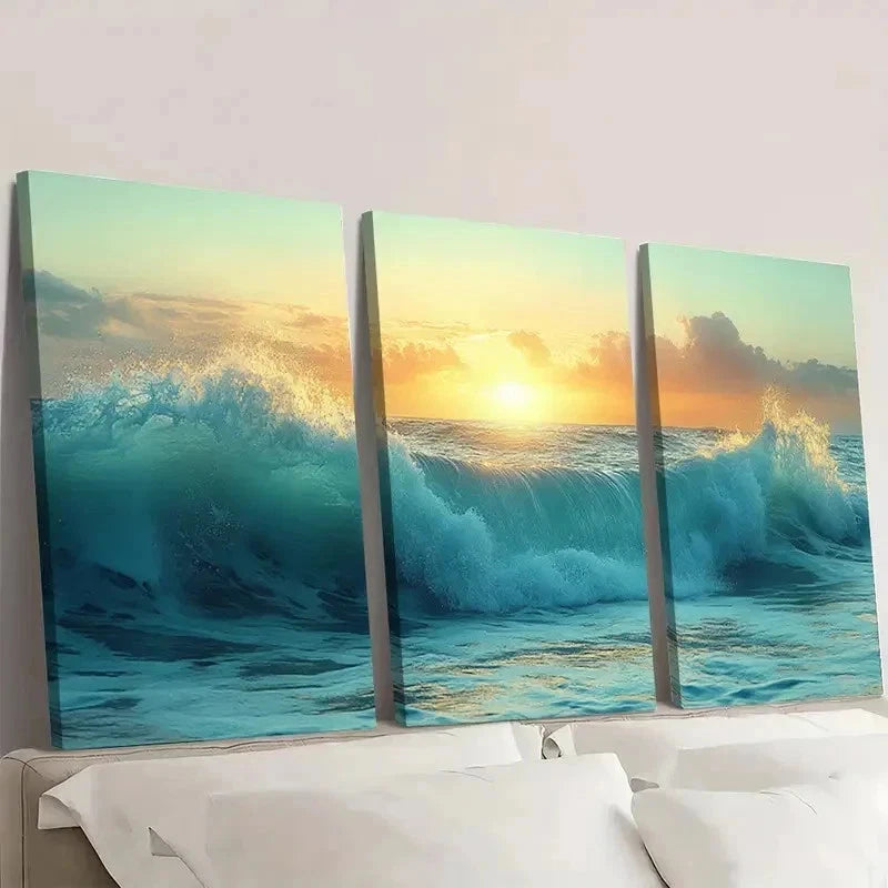 3pcs Green Nautical Beach Ocean Wave EU   Wall Art Set Canvas Framed 50x70cm - High Quality Print 100% Australian Made Wall Canvas Ready to Hang