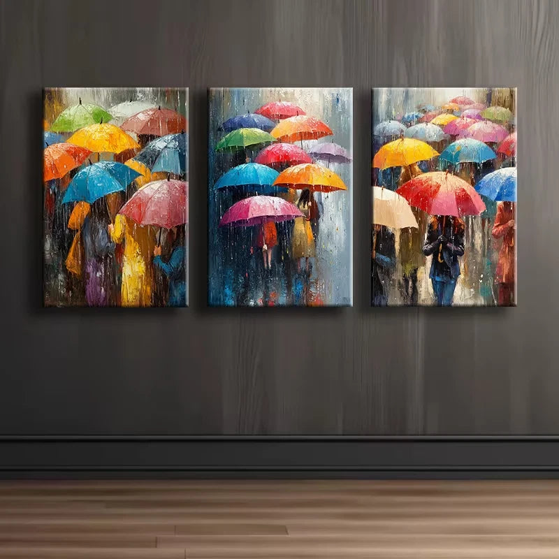 3pcs Vibrant Umbrella Rainy Day Scene Wall Art Set Canvas Framed 60x90cm - High Quality Print 100% Australian Made Wall Canvas Ready to Hang