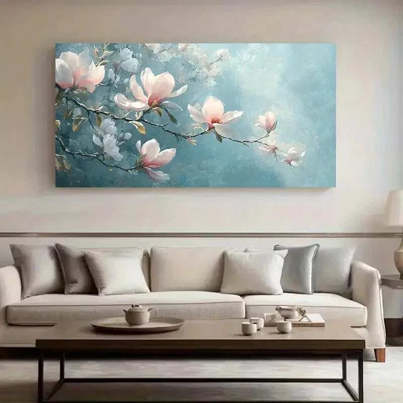 Soft Blue & Pink Flowers wall canvas office home room framed 120x60cm