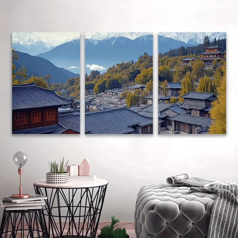 3pcs Snow-Capped Mountain Village View Wall Art Set Canvas Framed 60x90cm - High Quality Print 100% Australian Made Wall Canvas Ready to Hang