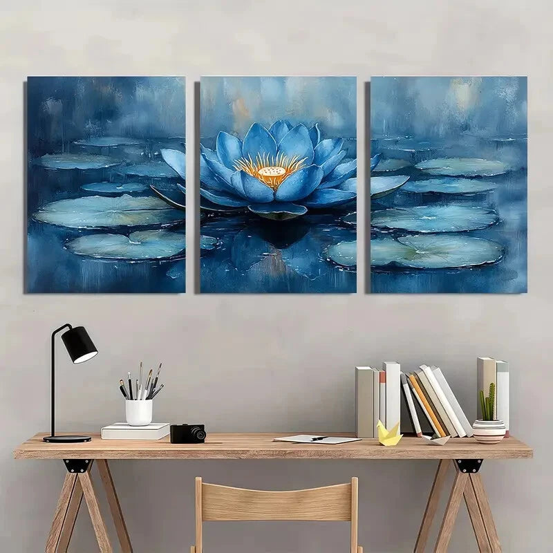 3pcs Blue Lotus Flower Serene Watercolor Metal Print Ready to Hang Art - Bella Home Decor