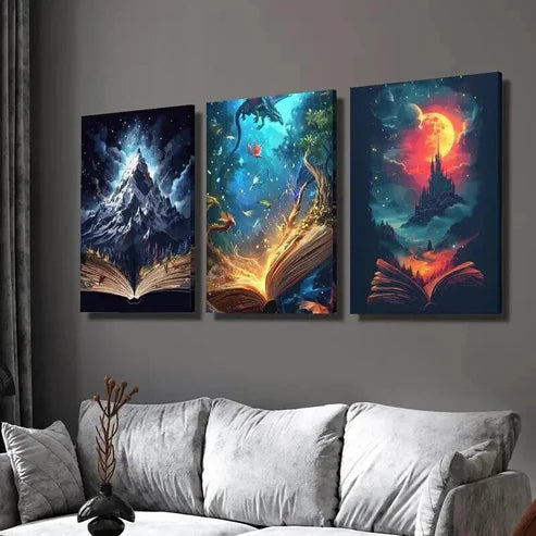 3pcs Mountains Vibrant Dragons & Red Castles Wall Art Set Canvas Unframed - High Quality Print 100% Australian Made Wall Canvas