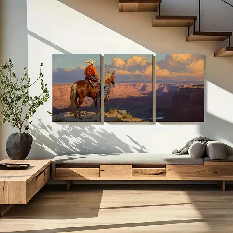 3pcs Western Cowboy On Horse Desert Landscape Metal Print Ready to Hang Art - Bella Home Decor