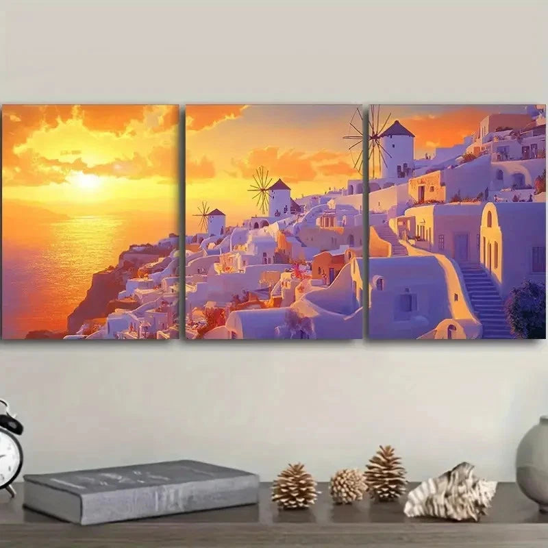 3pcs Beautiful Santorini Sunset View Metal Print Ready to Hang Art - Bella Home Decor