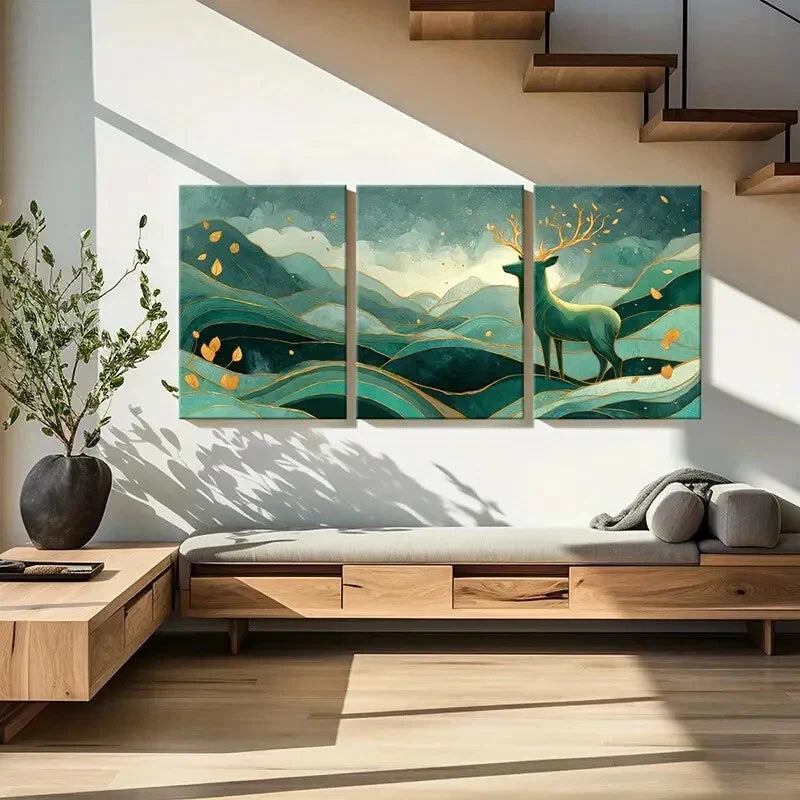 3pcs Modern Abstract Deer Landscape Art Metal Print Ready to Hang Art - Bella Home Decor