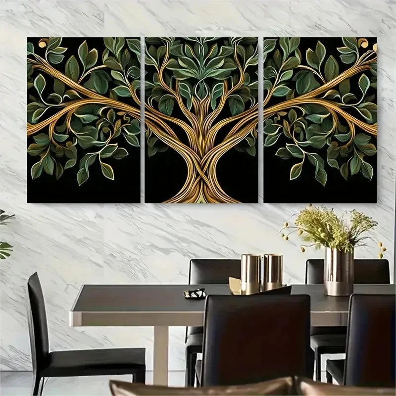 3pcs Golden and Green Tree of Life Metal Print Ready to Hang Art - Bella Home Decor