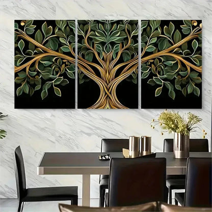 3pcs Golden and Green Tree of Life Metal Print Ready to Hang Art - Bella Home Decor