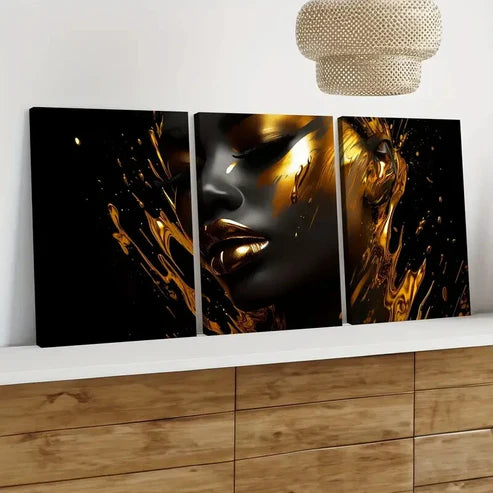 3pcs Modern Art Beautiful Golden Lips and Eyes Wall Art Set Canvas Unframed - High Quality Print 100% Australian Made Wall Canvas