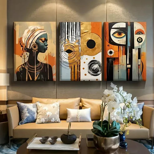 3pcs Abstract Modern African Boho Art with Golden Wall Art Set Canvas Unframed - High Quality Print 100% Australian Made Wall Canvas