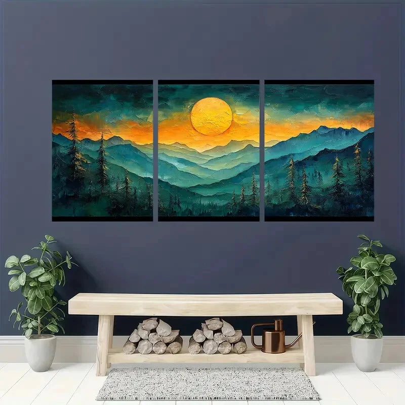 3pcs Vibrant Sunset Abstract Mountain Landscape Metal Print Ready to Hang Art - Bella Home Decor
