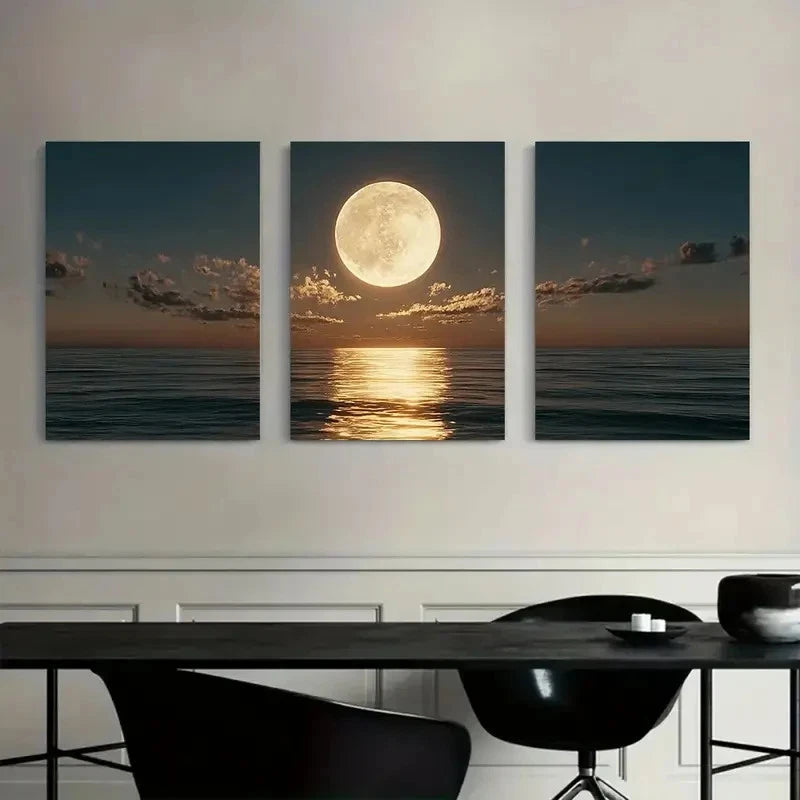 3pcs Full Moon Setting Over the Ocean Metal Print Ready to Hang Art - Bella Home Decor