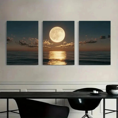 3pcs Full Moon Setting Over the Ocean Metal Print Ready to Hang Art - Bella Home Decor
