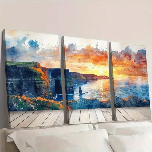 3pcs Irish LandscapeCabin - Emerald Isle X Wall Art Set Canvas Framed 40x60cm - High Quality Print 100% Australian Made Wall Canvas Ready to Hang