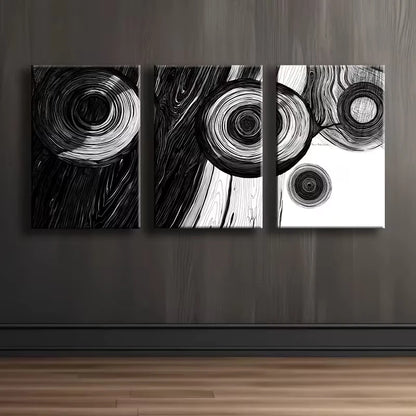 3pcs Black and white Abstract Wood Ring Wall Art Set Canvas Framed 50x70cm - High Quality Print 100% Australian Made Wall Canvas Ready to Hang - Bella Home Decor