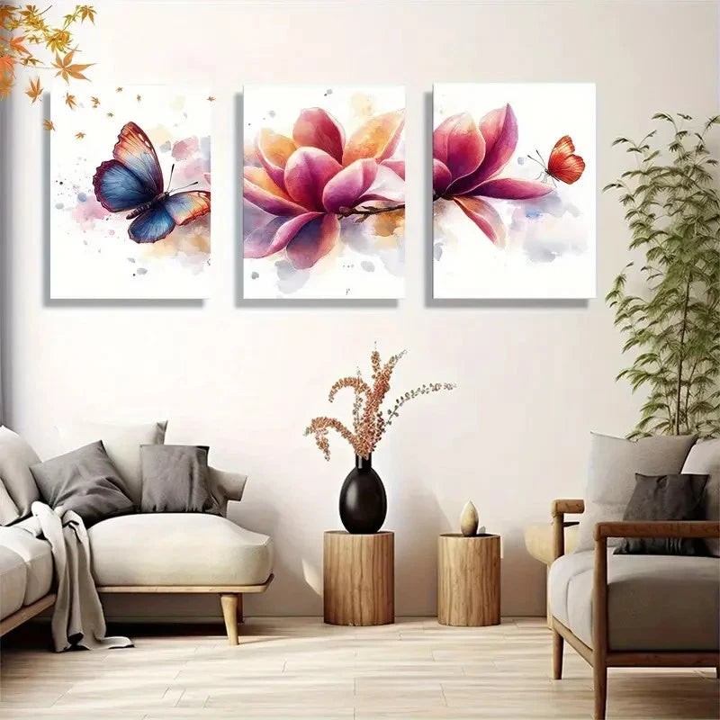 3pcs Butterfly and Floral Red Blue and Yellow Metal Print Ready to Hang Art - Bella Home Decor