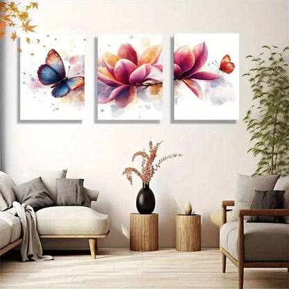 3pcs Butterfly and Floral Red Blue and Yellow Metal Print Ready to Hang Art - Bella Home Decor
