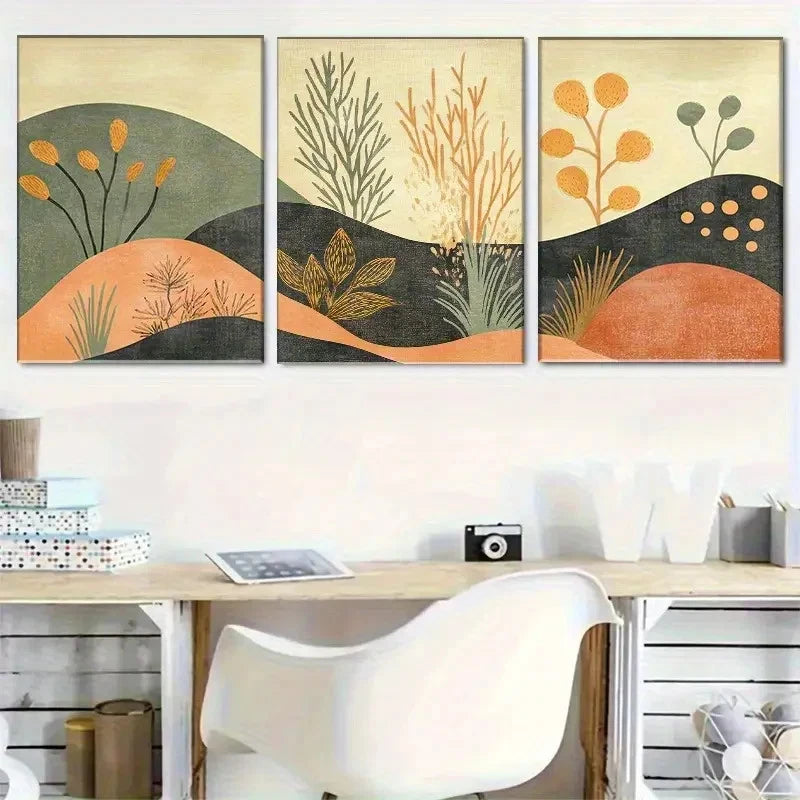 3pcs Earthy Plant Scene with Stone & Water Metal Print Ready to Hang Art - Bella Home Decor