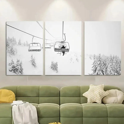 3pcs Snowy Chairlift Scenery with Pine Trees, Metal Print Ready to Hang Art