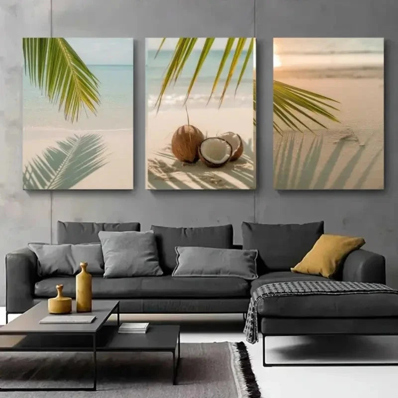 3pcs Palm Leaves, Coconut & Sand Wall Art Set Canvas Framed 60x90cm - High Quality Print 100% Australian Made Wall Canvas Ready to Hang