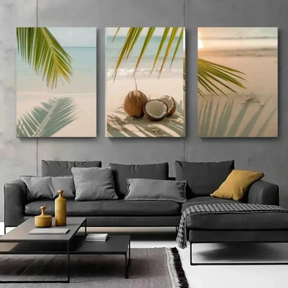 3pcs Palm Leaves, Coconut & Sand Wall Art Set Canvas Framed 60x90cm - High Quality Print 100% Australian Made Wall Canvas Ready to Hang