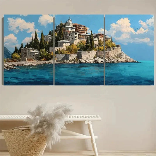 3pcs A Small Island With A Castle On Top Wall Art Set Canvas Framed 60x90cm - High Quality Print 100% Australian Made Wall Canvas Ready to Hang