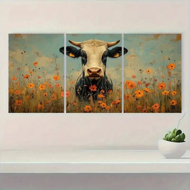 3pcs Rustic Cow And Floral Farmhouse Style Metal Print Ready to Hang Art - Bella Home Decor