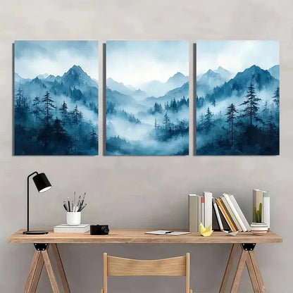 3pcs Misty Mountain Ink Watercolor Painting Metal Print Ready to Hang Art