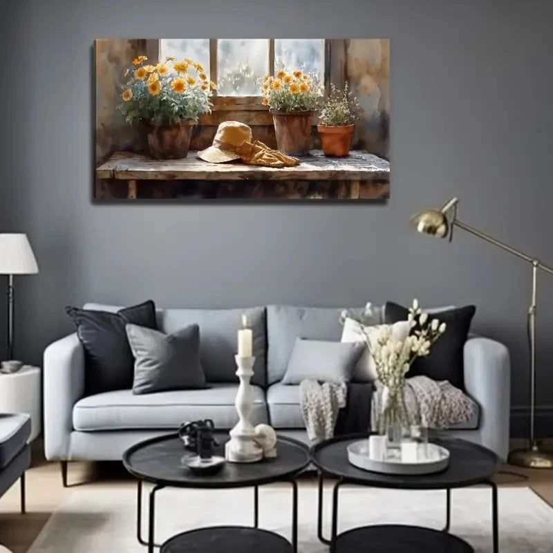 Window Sill Flowers & Hat Wall Art Canvas Office Home Room Framed 120x60cm