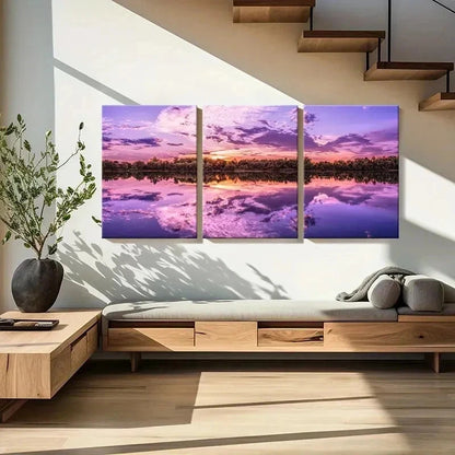 3pcs Purple Sky Lake and Mountain Scenery Wall Art Set Canvas Framed 60x90cm - High Quality Print 100% Australian Made Wall Canvas Ready to Hang