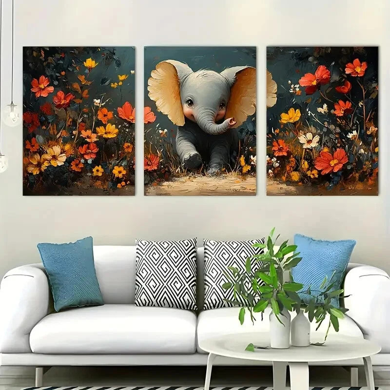 3pcs Playful Elephants Wildflower Perfect Wall Art Set Canvas Framed 40x60cm - High Quality Print 100% Australian Made Wall Canvas Ready to Hang - Bella Home Decor