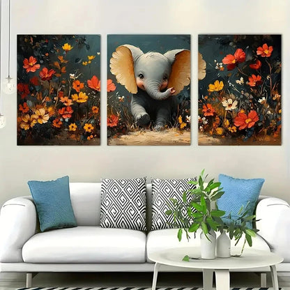 3pcs Playful Elephants Wildflower Perfect Wall Art Set Canvas Framed 40x60cm - High Quality Print 100% Australian Made Wall Canvas Ready to Hang - Bella Home Decor
