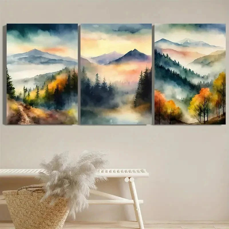 3pcs Tranquil Forest & Mountain Landscape Scenery Metal Print Ready to Hang Art - Bella Home Decor