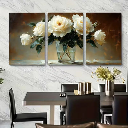 3pcs Still Life of White Rose in a Glass Painting Metal Print Ready to Hang Art