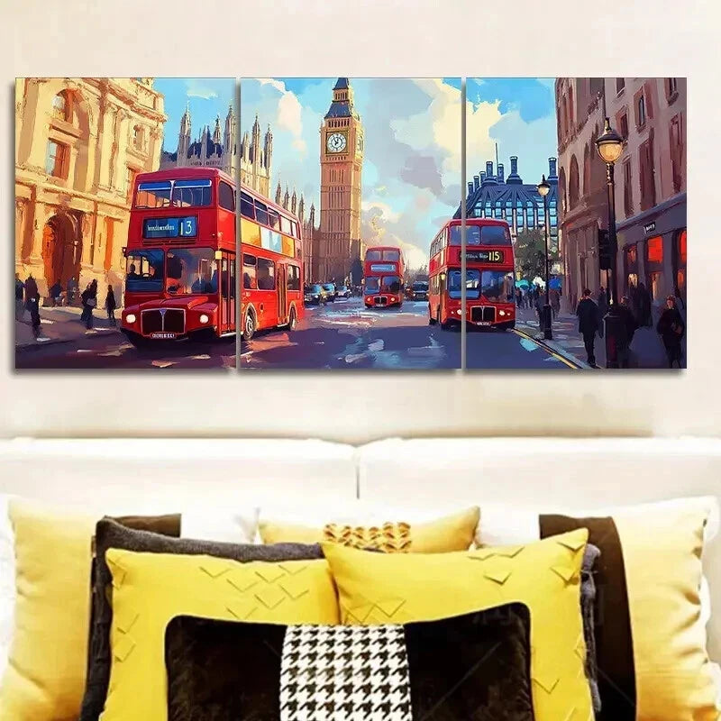 3pcs Red Double-Decker Bus Cityscape Perfect Wall Art Set Canvas Framed 60x90cm - High Quality Print 100% Australian Made Wall Canvas Ready to Hang - Bella Home Decor