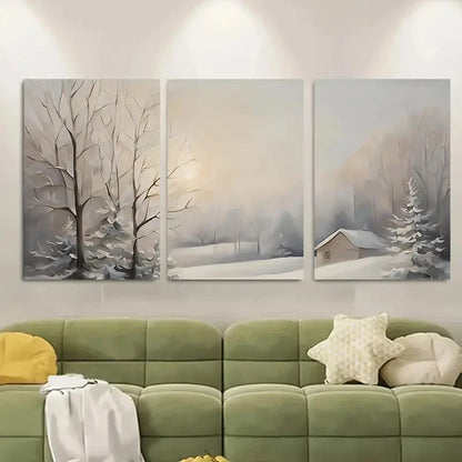 3pcs Snowy Forest and Cabin Scene Metal Print Ready to Hang Art