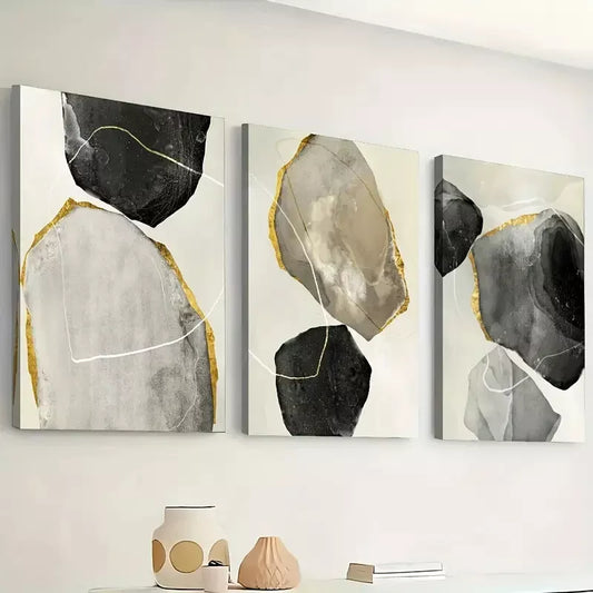 3pcs Featuring Abstract Modern Stone Gold Black Wall Art Set Canvas Framed 40x60cm - High Quality Print 100% Australian Made Wall Canvas Ready to Hang