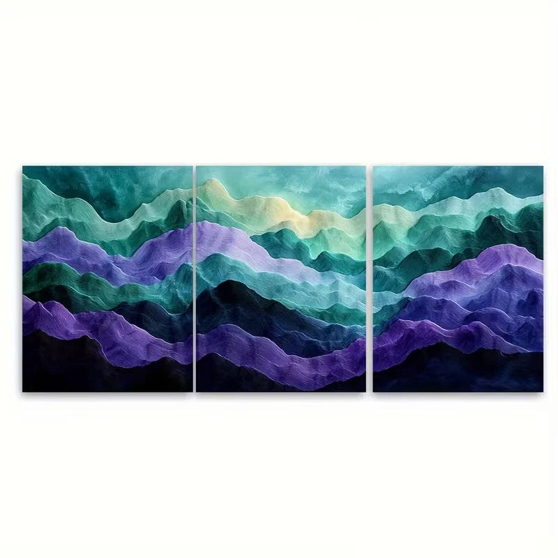3pcs Mint Green Purple Layered Abstract Metal Print Ready to Hang Art - Bella Home Decor