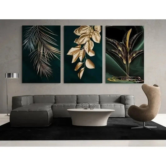 3pcs Golden Leaves Leaf & Floral Designs GL Wall Art Set Canvas Framed 50x70cm - High Quality Print 100% Australian Made Wall Canvas Ready to Hang